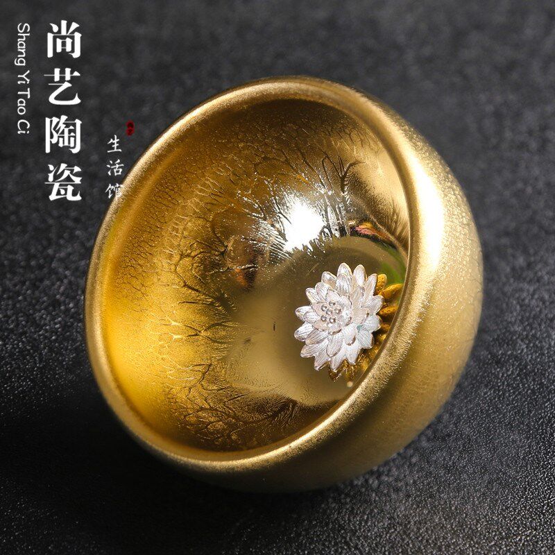 建阳建盏铁胎鎏金k镶银茶杯功夫茶具银鱼杯品茗杯茶碗盏主人杯单