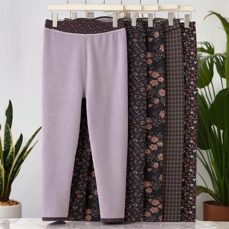 大码200斤中老年人妈妈印花女士保暖裤外穿加绒宽松打底裤薄棉裤