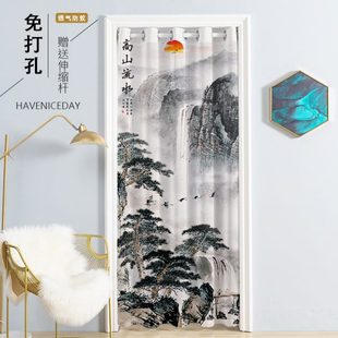防蚊帘卧室客厅隔断纱网帘 古风山水画家用免打孔门帘雪纺纱帘夏季