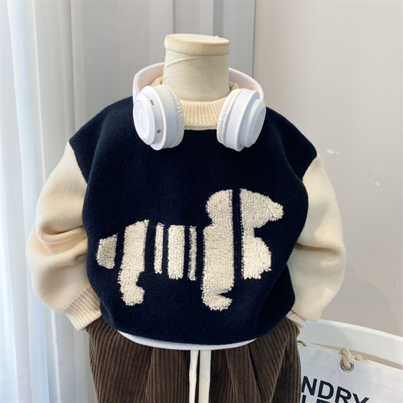 男童毛衣上衣2023秋冬宝宝圆领套头儿童打底衫黑色中童小童潮男孩