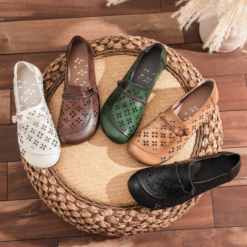 复古真皮女单鞋中老年凉r鞋软底女鞋圆头妈妈鞋深口镂空舒适豆豆,女鞋,洞洞鞋,淘宝优惠券,粉丝福利购,淘宝优惠卷