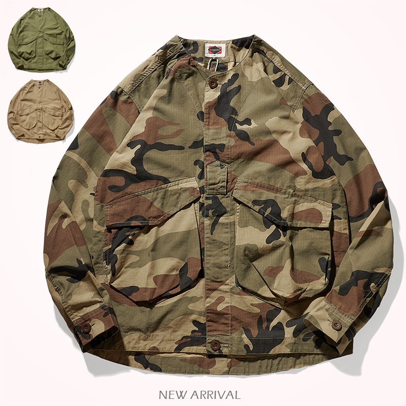 无领夹克男士潮青年日系复古工装衬衫款上衣做旧水洗口袋工装外套