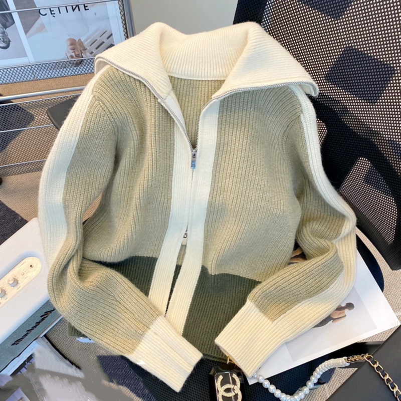 设计感小众撞f色别致针织开衫上衣女秋冬宽松加厚外穿翻领毛衣外