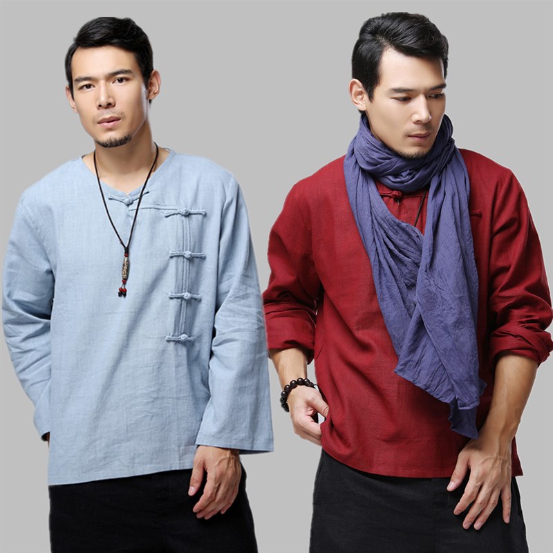 春秋季新款棉麻文艺男装盘扣中式上衣男款苎麻T恤中国风男装禅服
