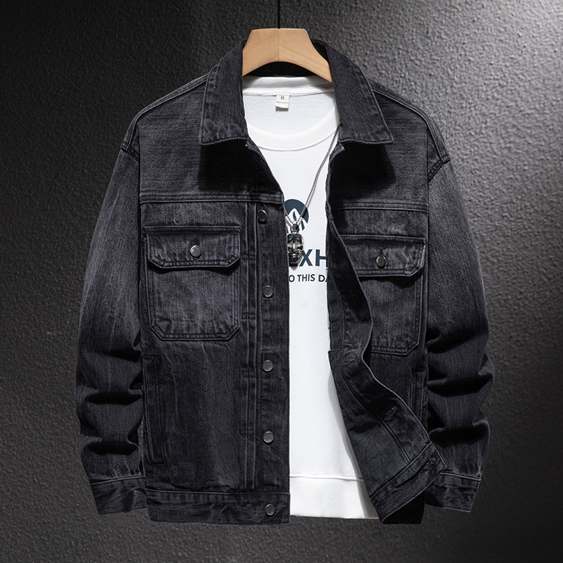 高档黑灰色牛仔外套男2025春秋新款宽松休闲重磅夹克大码复古衣潮