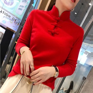 上衣女中国风复古气质手工盘扣立L领长袖 秋冬中式 国潮毛针织打底