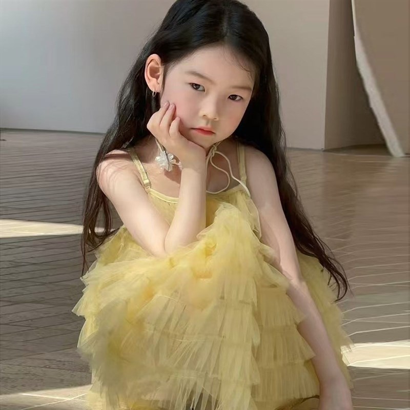 2025夏季新款女童韩版甜美可爱网纱吊带连衣裙宽松蛋糕裙短裙上衣