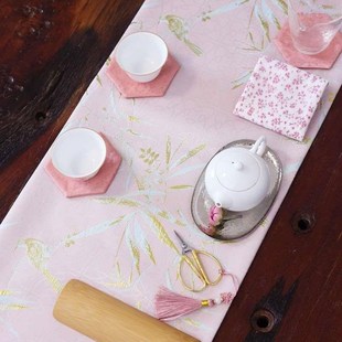 干泡垫杯垫壶垫小清新桌布餐 织锦茶席金色提花竹林o鸟桌旗新中式