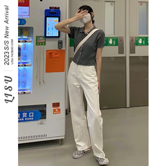 白色窄版阔腿直筒牛仔裤女2023秋冬F加绒高腰宽松显瘦垂感拖地长
