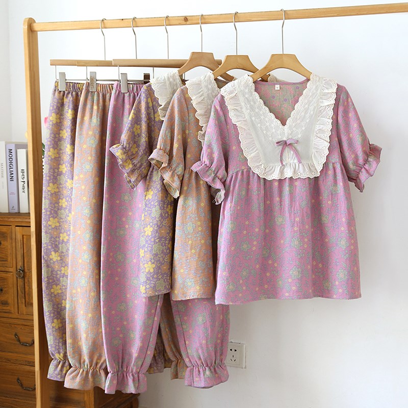 复古提花女睡衣夏季纯棉纱布薄款短袖长裤套装甜美蕾丝公主家居服