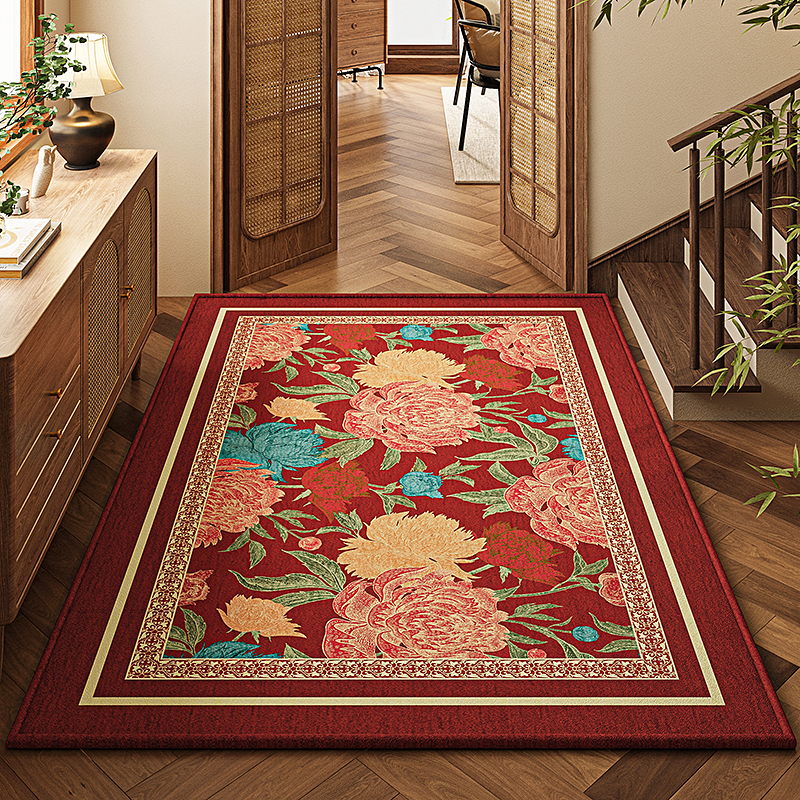 入户门地垫新中式高端古典富贵花朵玄关地毯家用耐脏门口进门垫子