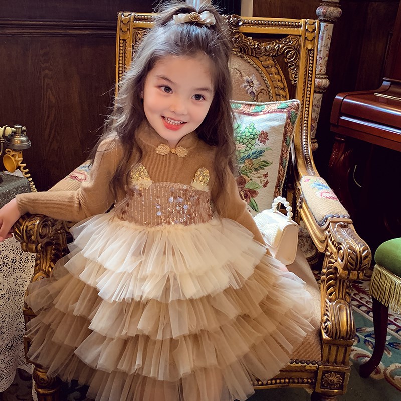 女童连衣裙秋冬2024新款儿童超洋气公主礼服裙女孩蓬蓬网纱蛋糕裙