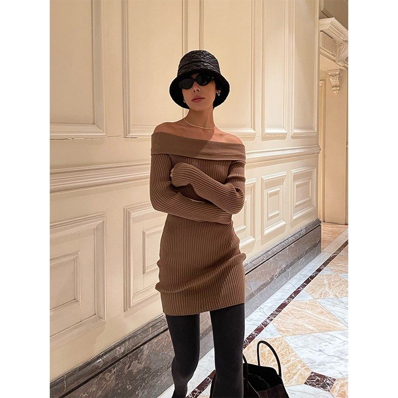 【5折】秋冬温柔驼色一字肩修身加厚长袖连衣裙中长毛衣裙,女装/女士精品,连衣裙,淘宝优惠券,粉丝福利购,淘宝优惠卷