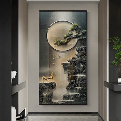 新中式入户玄关装饰画发光晶瓷画客厅背景墙挂画走廊过道壁画