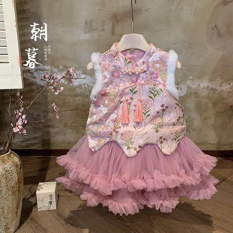 女童改良旗袍2024冬季汉服连衣裙D国风唐装加绒周岁礼服抓周拜年