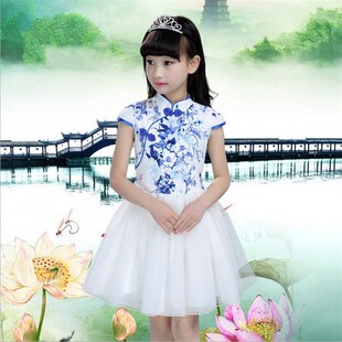女童夏季公主纱裙套装童s装旗袍纱裙儿童民族舞蹈礼服青花瓷演出