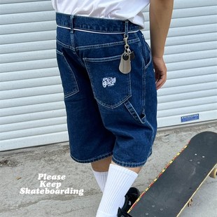 男夏季 重工刺绣复古VX1000街头滑板工装 宽松牛仔短裤 短裤 蓝色 男士