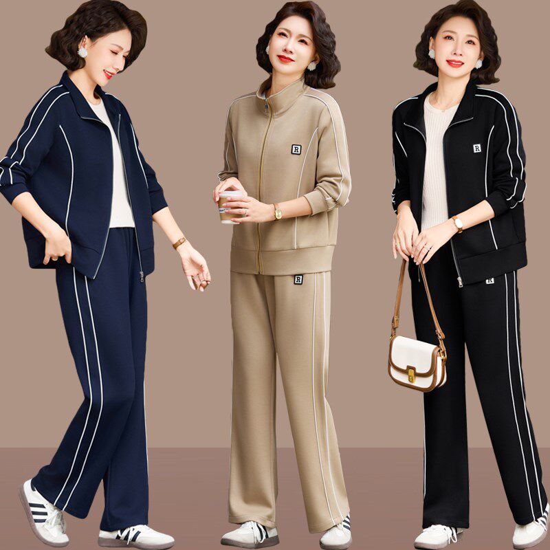 妈妈春装时尚套装中年女士运动服休闲新款40岁50春V季上衣两件套