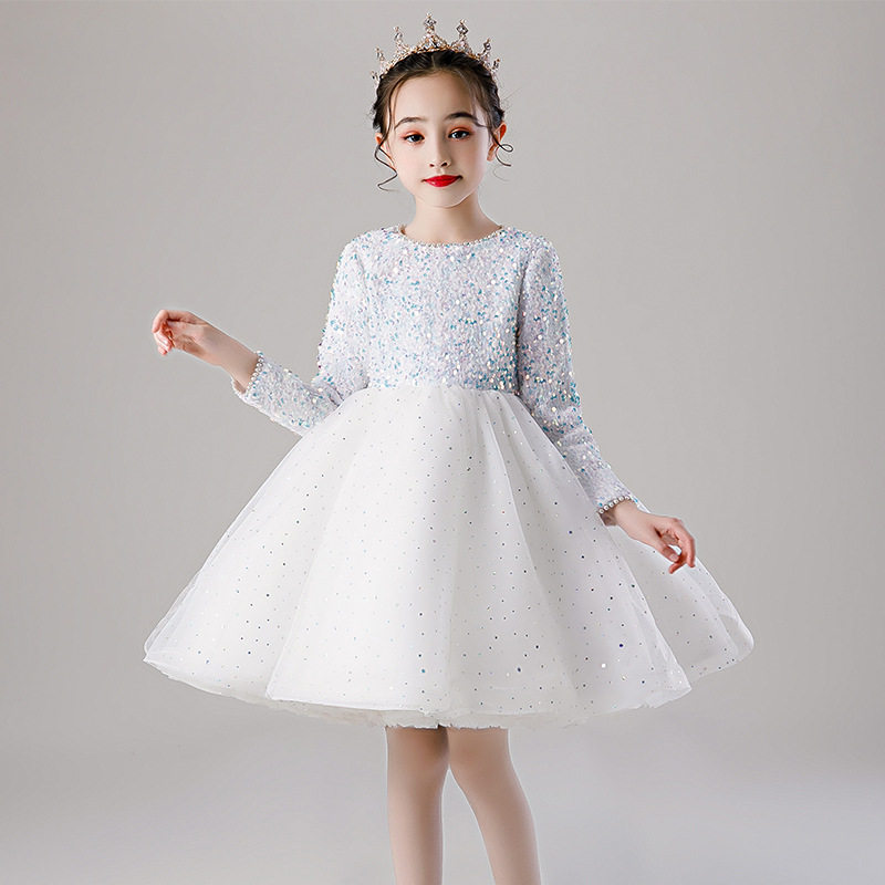 女童白色b长袖洋装春秋冬儿童亮片演出礼服小女孩蓬蓬公主纱裙子