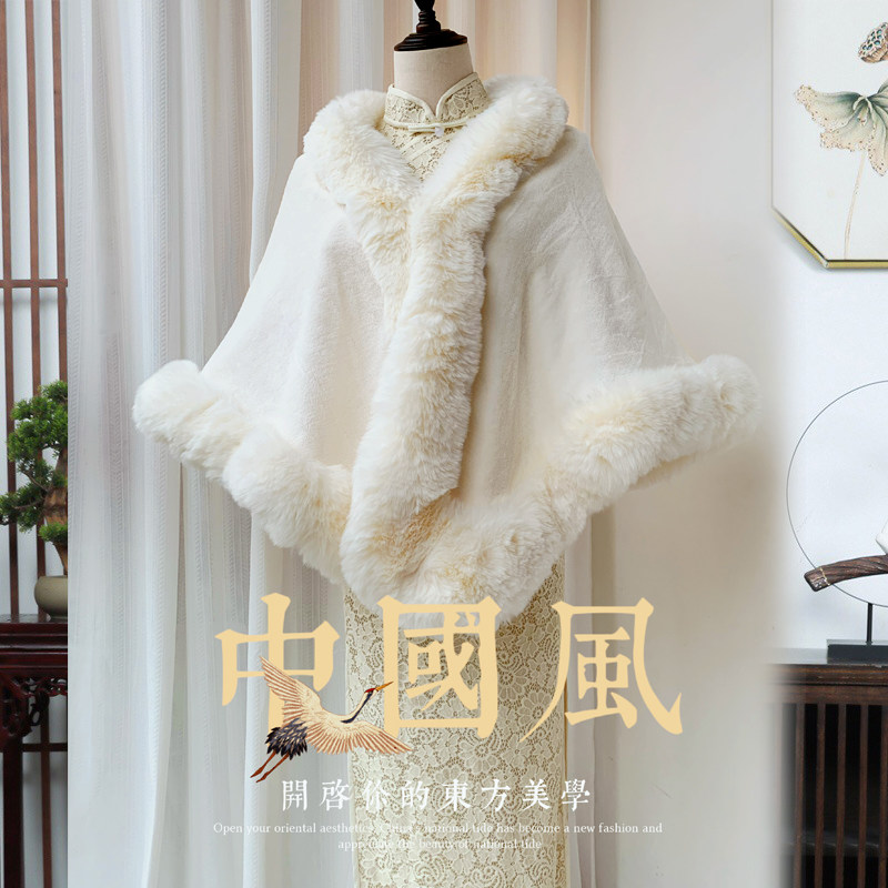复古文艺大毛领配旗袍p婚纱披肩外搭有袖斗篷外套女秋冬季汉服披