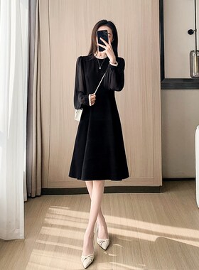 法式黑色修身雪纺连衣裙女2v025新款春气质收腰显瘦a字裙子小个子