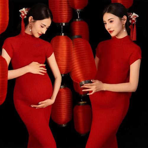 影楼新款主题服装孕妇写真民国复古红色针织旗袍孕妈拍照摄影服装