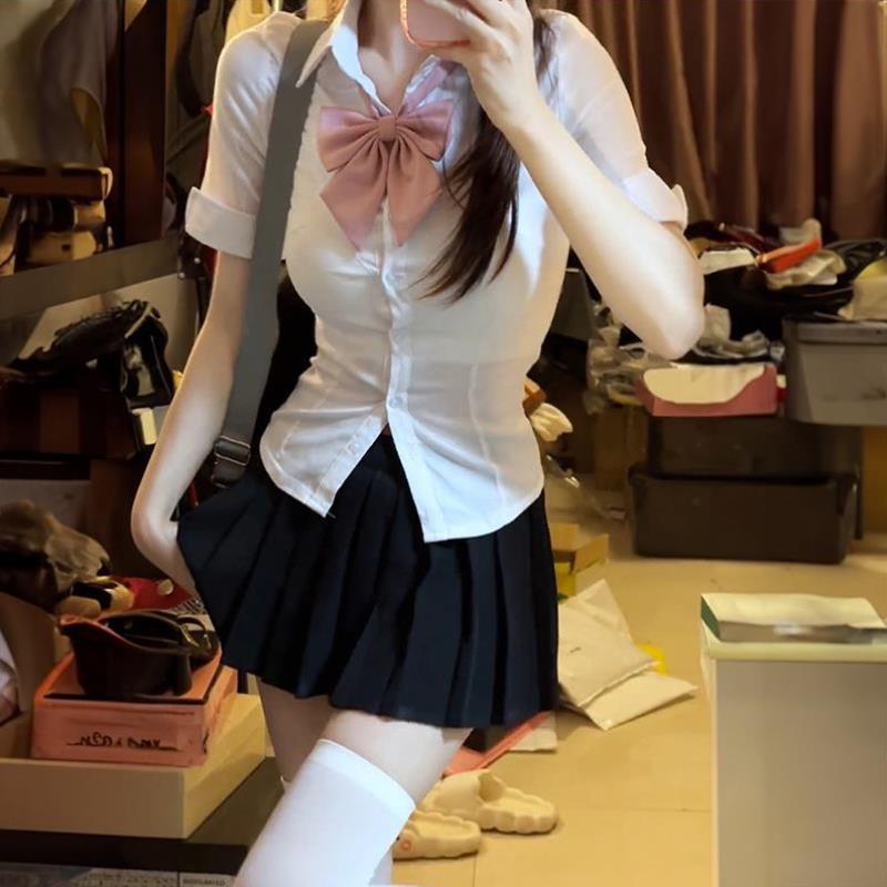 收腰衬衫短袖纯欲学院风套装夏季jk制服白色衬衣女小个子短款上衣