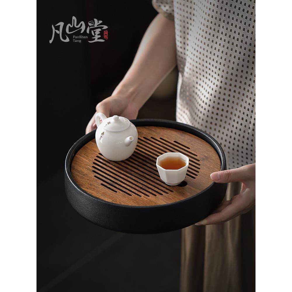 重型竹制日月茶盘家用简易干茶几竹制贮水式小茶海圆茶具排水盘