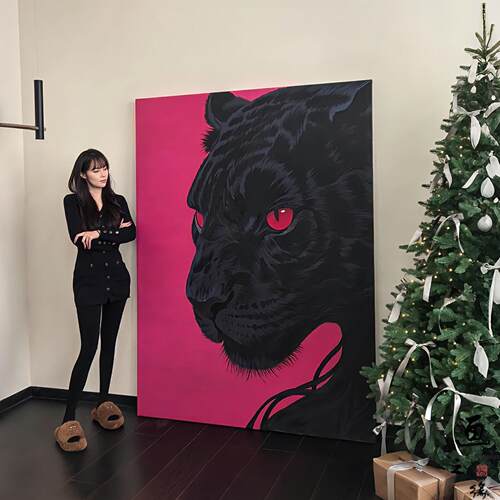 金钱豹挂画意式轻奢小众豹子客厅装饰画现代艺术多巴胺高级感壁画