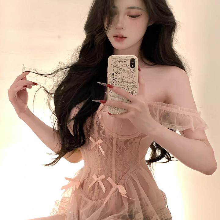 纯欲风私房带胸垫睡裙女蕾丝小胸聚拢马甲蓬蓬裙大胸鱼骨内衣套装