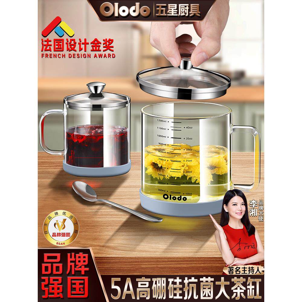 大容量高硼硅玻璃水杯带盖口杯茶缸办公室泡茶耐高温杯子带双刻度
