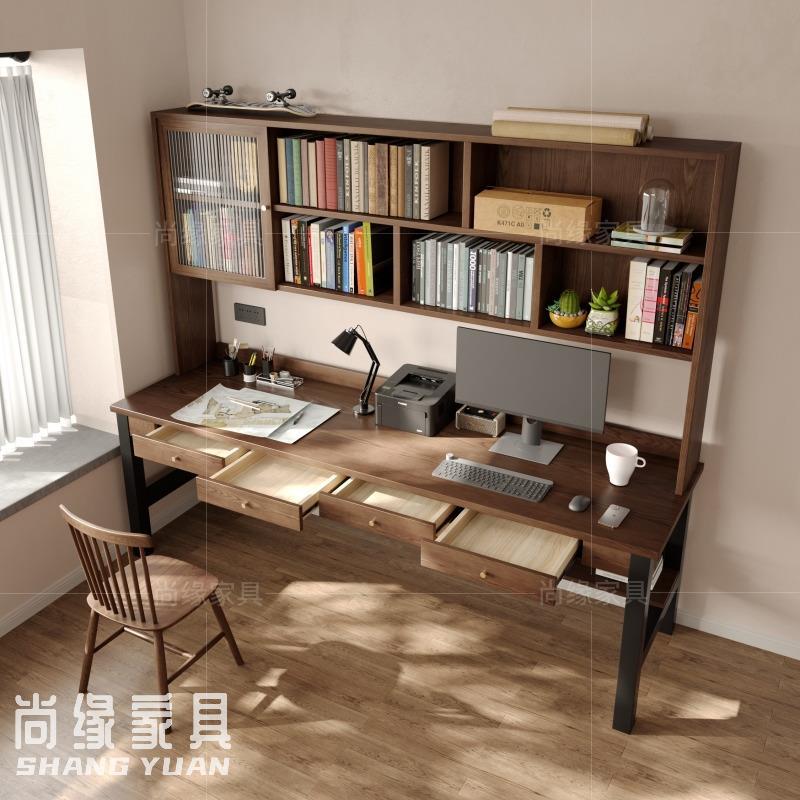 实木双人书桌书柜家用靠墙长条桌工作台书房学习电脑桌书架一体桌