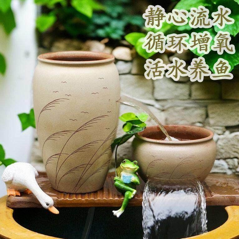 LS-336水景摆件庭院瀑布流水罐古法生态鱼缸荷花流水陶罐循环增氧
