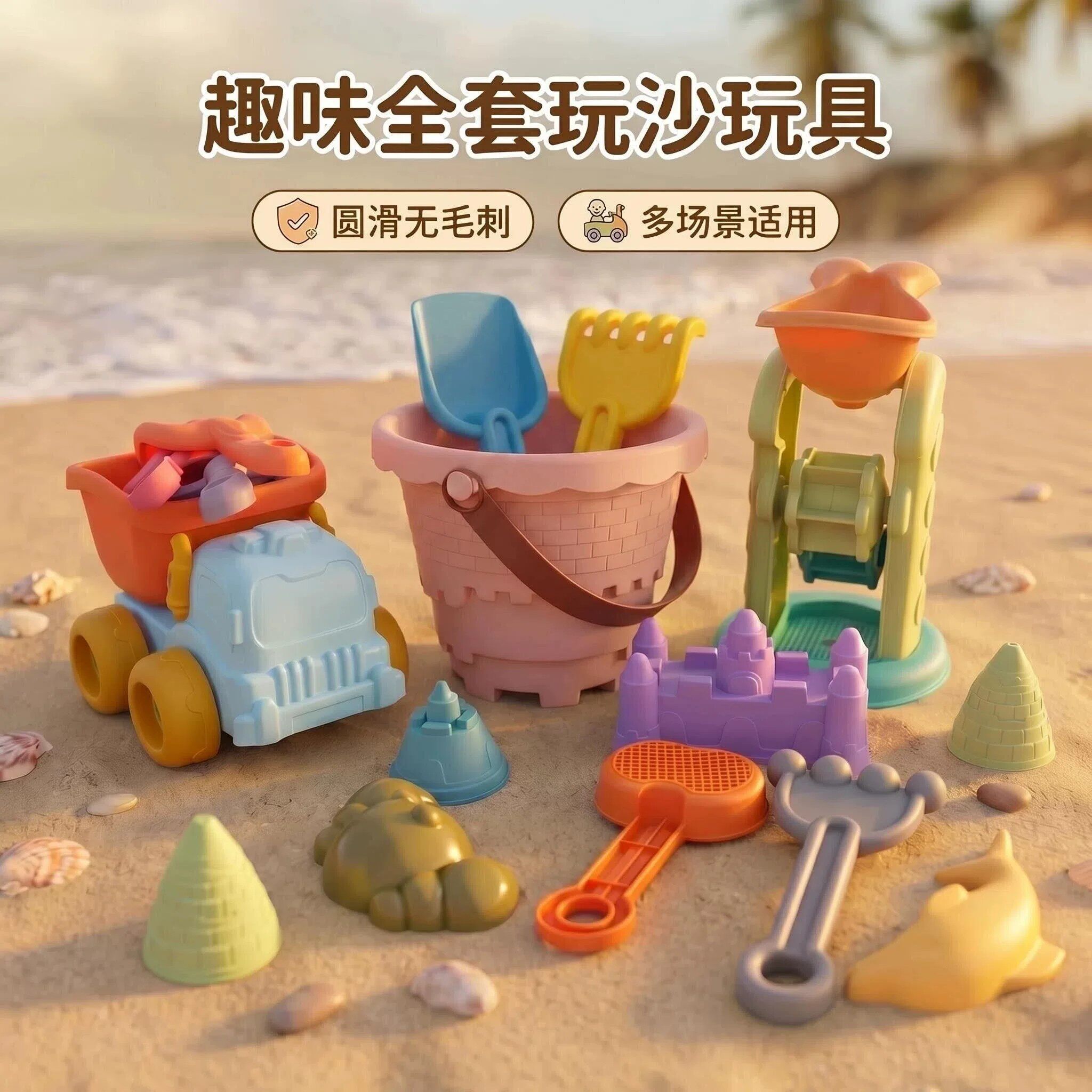 日本进口儿童沙滩玩具玩沙挖土工具海边铲子水桶套装加厚手推车