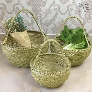 鸡蛋手工买菜篮子手提藤编竹编小竹篮编织老式 圆形购物篮装 家用