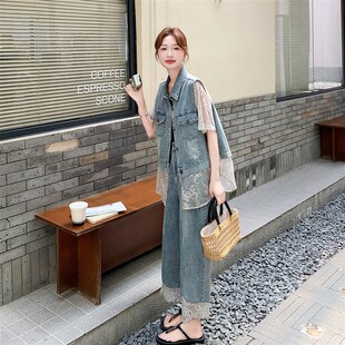 港式复古网纱拼接牛仔套装女2025年夏季新款短袖外套阔腿裤两件套