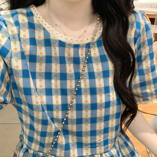 清纯系夏日穿搭蕾丝拼接格子连衣裙小个子超好看独特漂亮绝美长裙