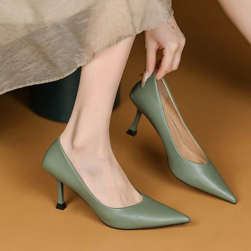 绿色高跟鞋女细跟秋法式新款18岁成人礼浅口尖头职业通勤软皮单鞋
