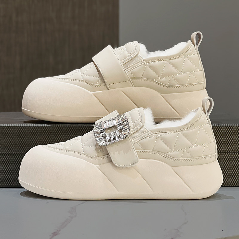 棉鞋保暖加绒女鞋2023冬季新款魔术贴水钻厚底小白鞋百搭真皮板鞋,女鞋,休闲板鞋,淘宝优惠券,粉丝福利购,淘宝优惠卷