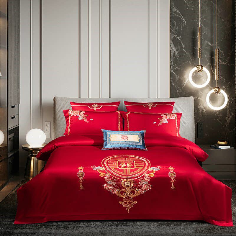 高档婚庆全棉长绒棉刺绣大红色床单被罩四件套中式结婚陪嫁床品
