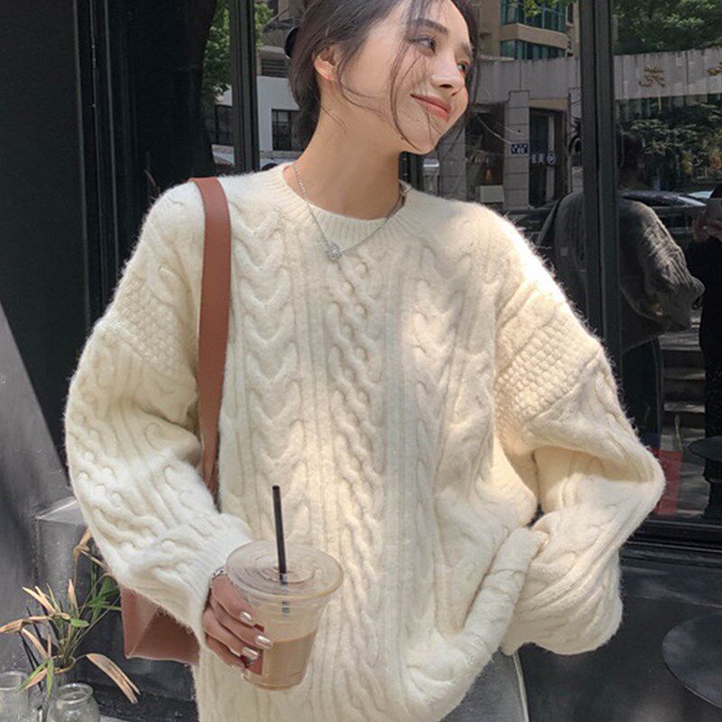 软糯高级感宽松慵懒风加厚针织衫复古麻花圆领套头毛衣女秋冬季