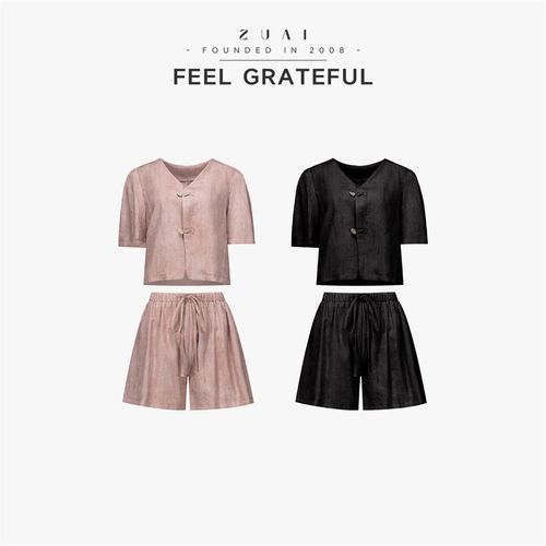 【水墨晕染亚麻套装】V领短袖旗袍扣上衣+松紧腰短裤套装