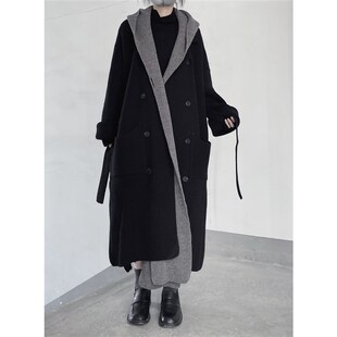 浮木兮/小众设计双门襟连帽长款毛衣外套秋冬加厚假两件针织大衣