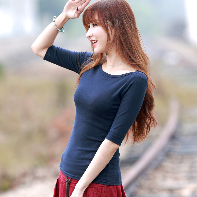 藏蓝色上衣女一字肩半袖妈妈纯棉t恤 2022年早春新款七分袖春小衫