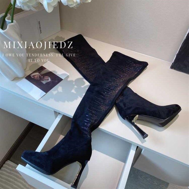 早秋鞋子女2024新款防水台细高跟过膝长靴弹力瘦瘦靴水钻尖头袜靴,女鞋,弹力靴/袜靴,淘宝优惠券,粉丝福利购,淘宝优惠卷
