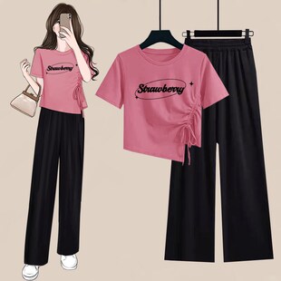 韩版 套装 两件套百搭设计感印花不规则抽绳短款 显瘦短袖 女 修身 夏季