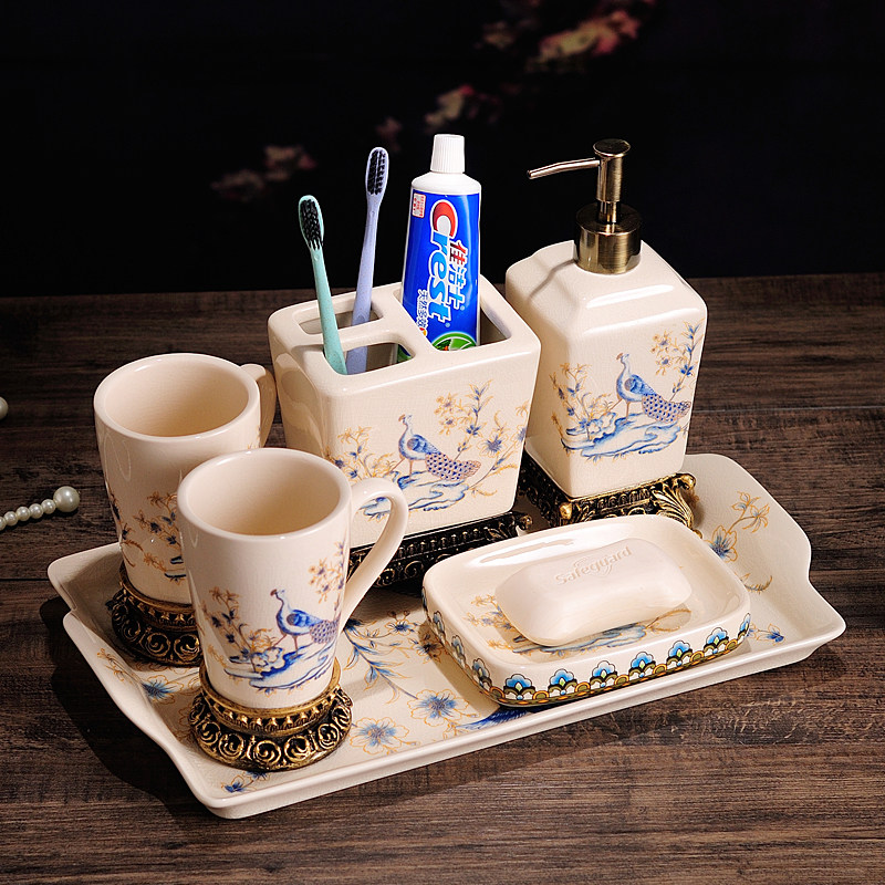 创意美式漱口杯裂纹五件套简约浴室用品套件陶瓷牙缸卫浴洗漱套装