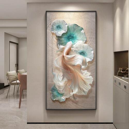 锦鲤玄关装饰画轻奢高级感走廊尽头挂画寓意好入户进门过道壁画灯