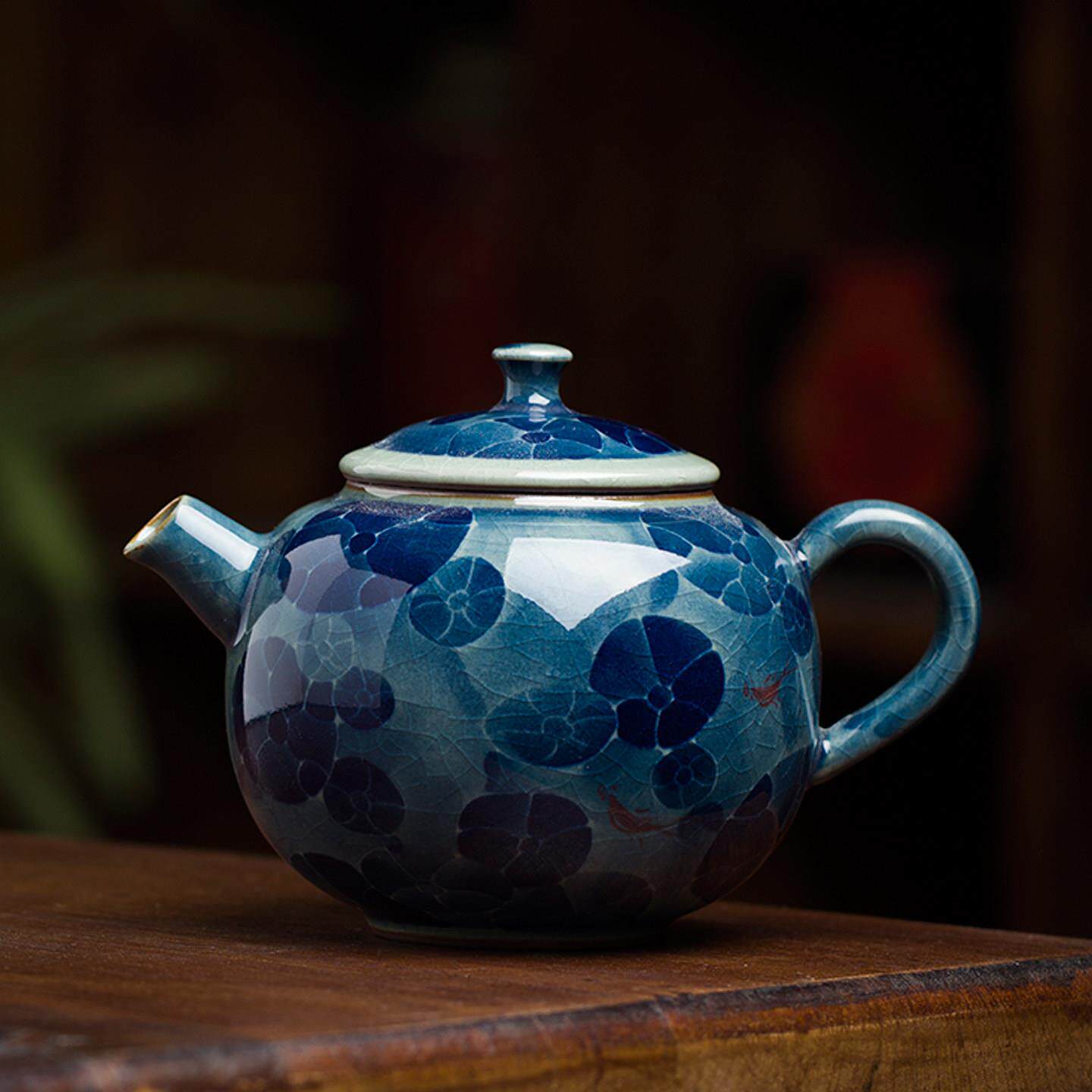 景德镇新中式手工陶瓷茶壶手绘荷塘功夫茶具复古青花高端大气泡茶