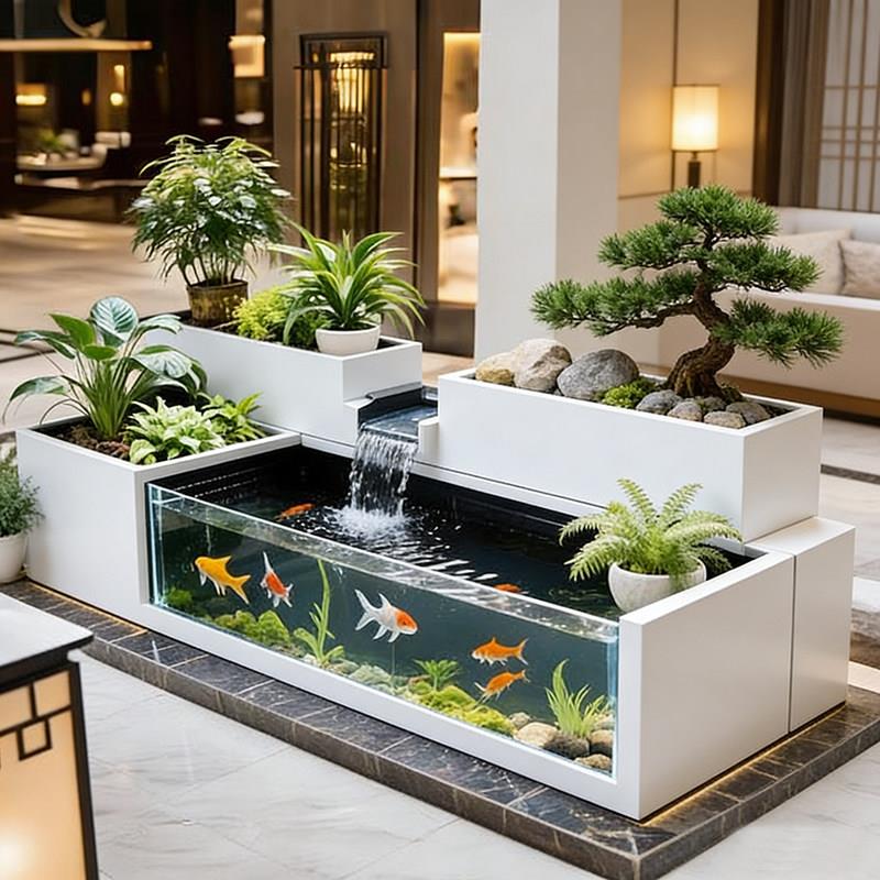 阳台创意流水鱼缸花箱组合落地钢化玻璃露台水循环鱼池不锈钢庭院